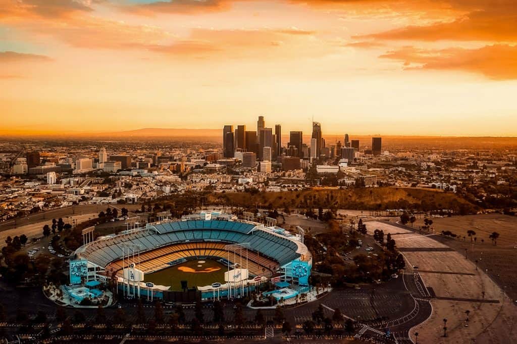 ariel drone view of Los Angeles dogers stadium