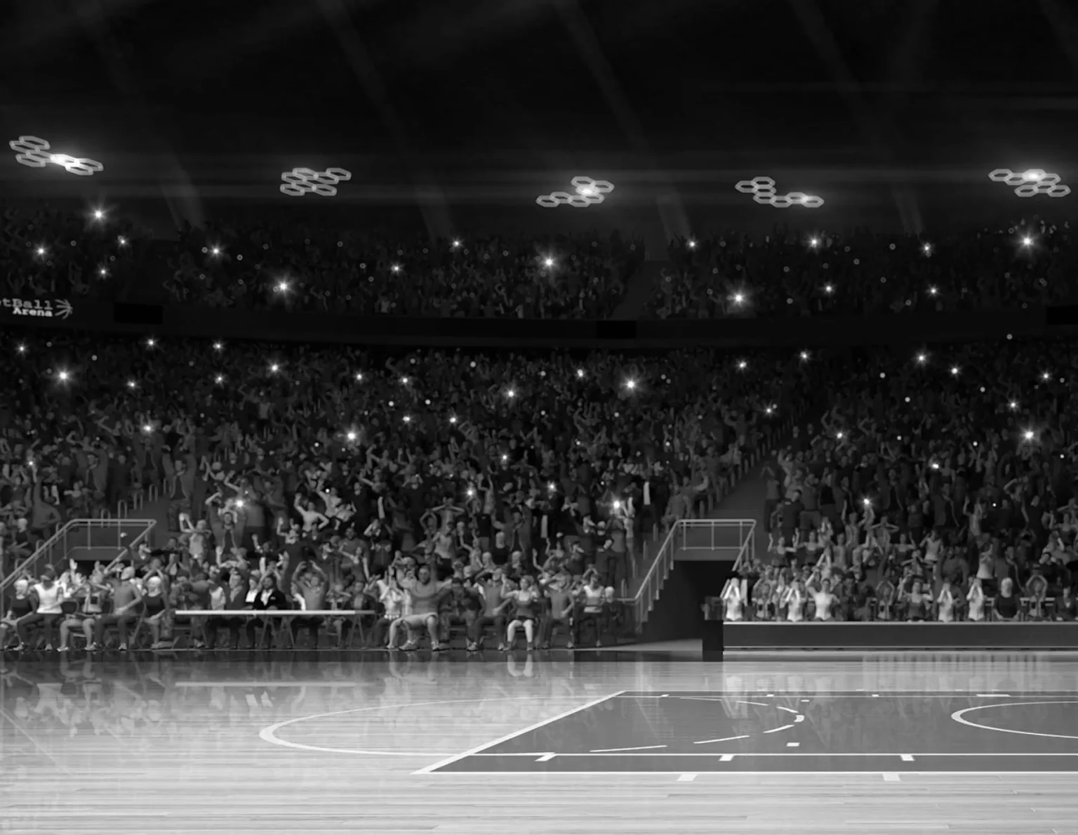 people cheering at a basketball stadium